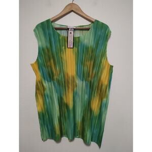 Andrea Behar Paris Pleats Green Yellow Space-Dye Pleated Tank Top Size 2X